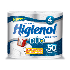 PAPEL HIGIENICO HIGIENOL DUO DOBLE HOJA 4X50 MT